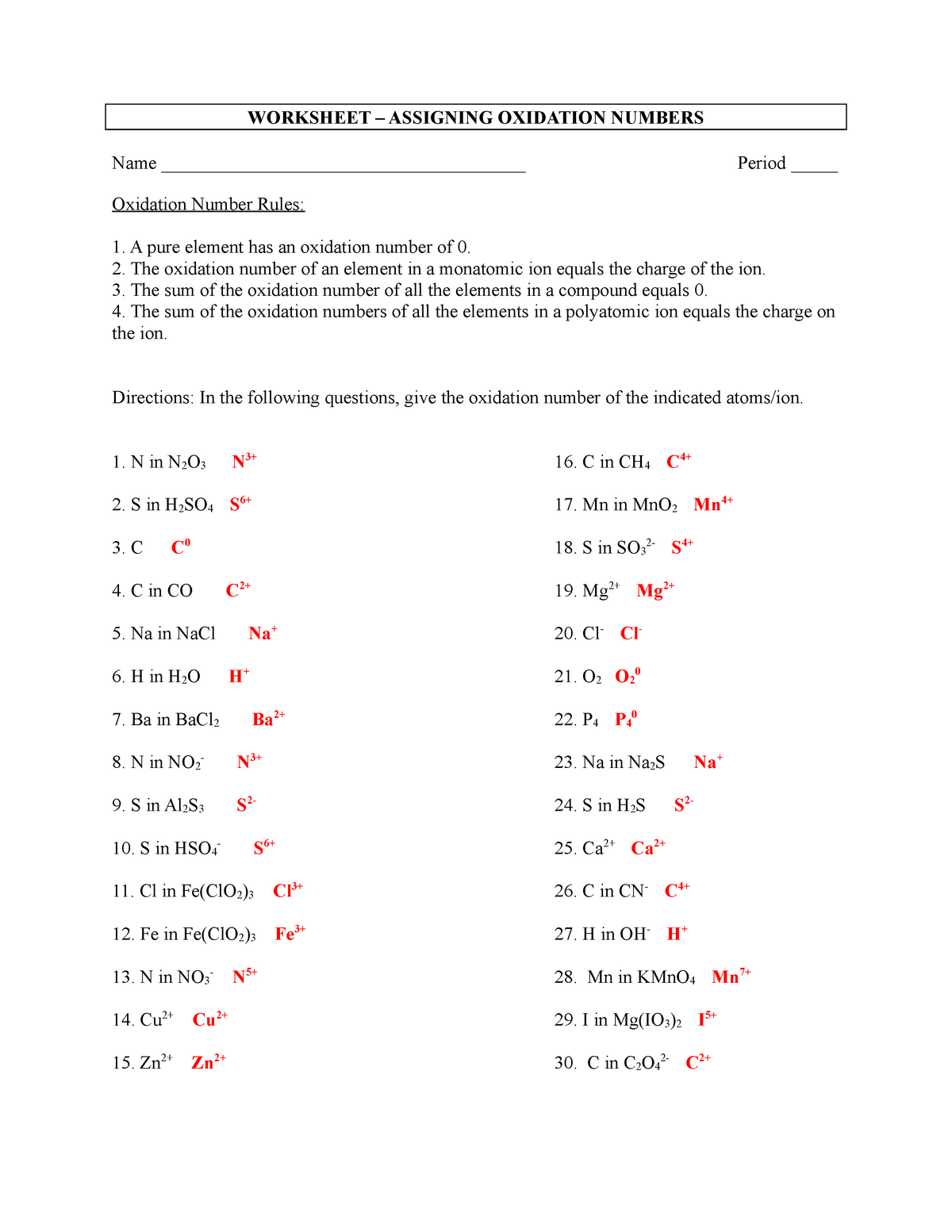 Worksheet Assigning Oxidation Numbers Key WORKSHEET 