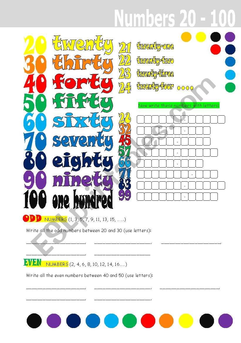 Worksheet Numbers 20 100