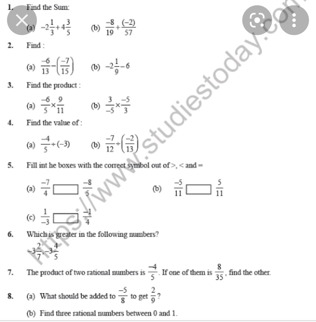 Worksheet Of Rational Numbers Maths Assignment Teachmint 