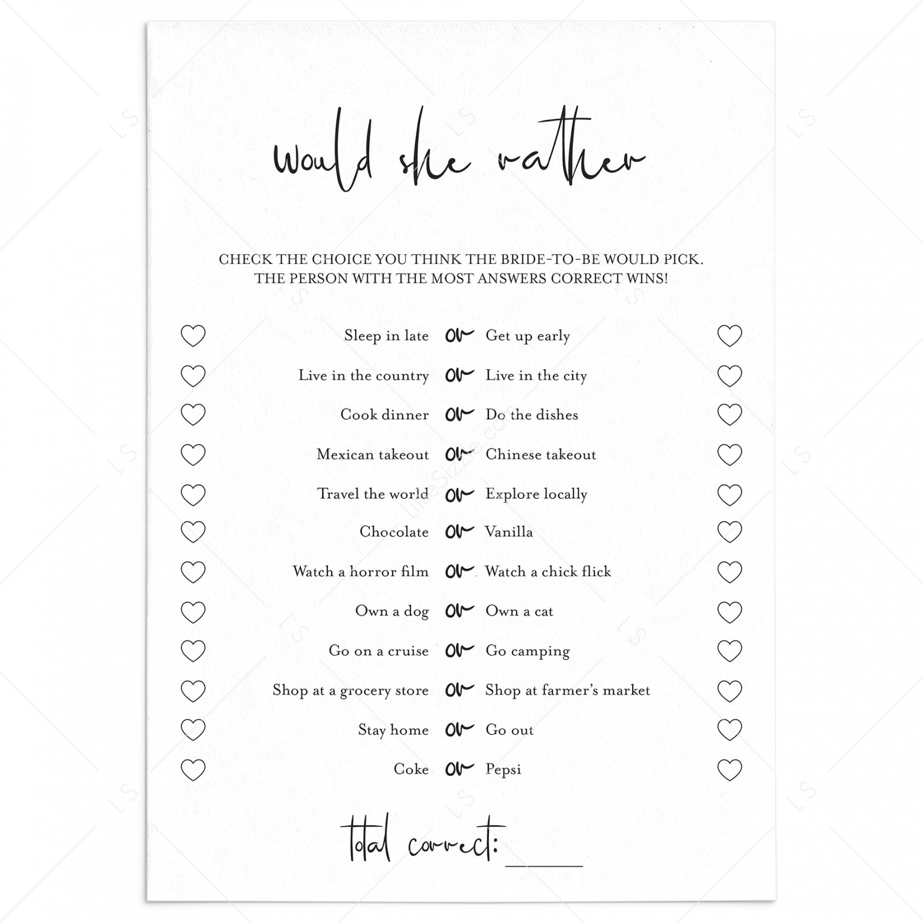 Would She Rather Bridal Shower Game Free Printable FREE Printable A Z