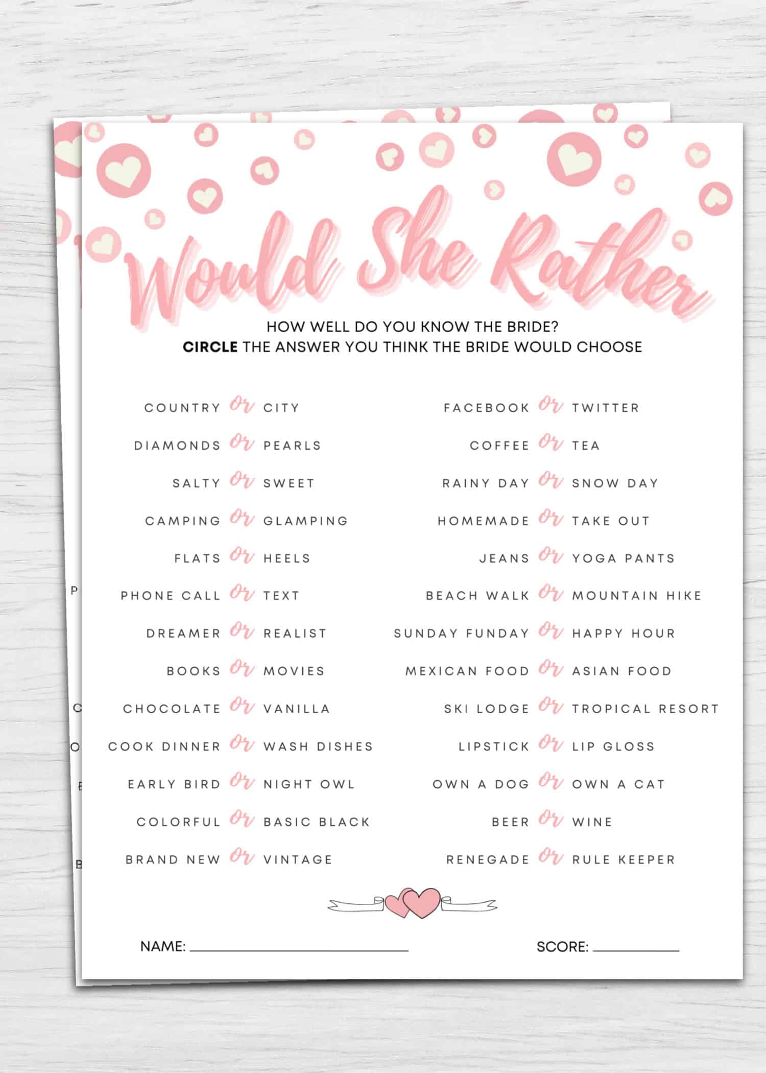 Would She Rather Printable Bridal Shower Game