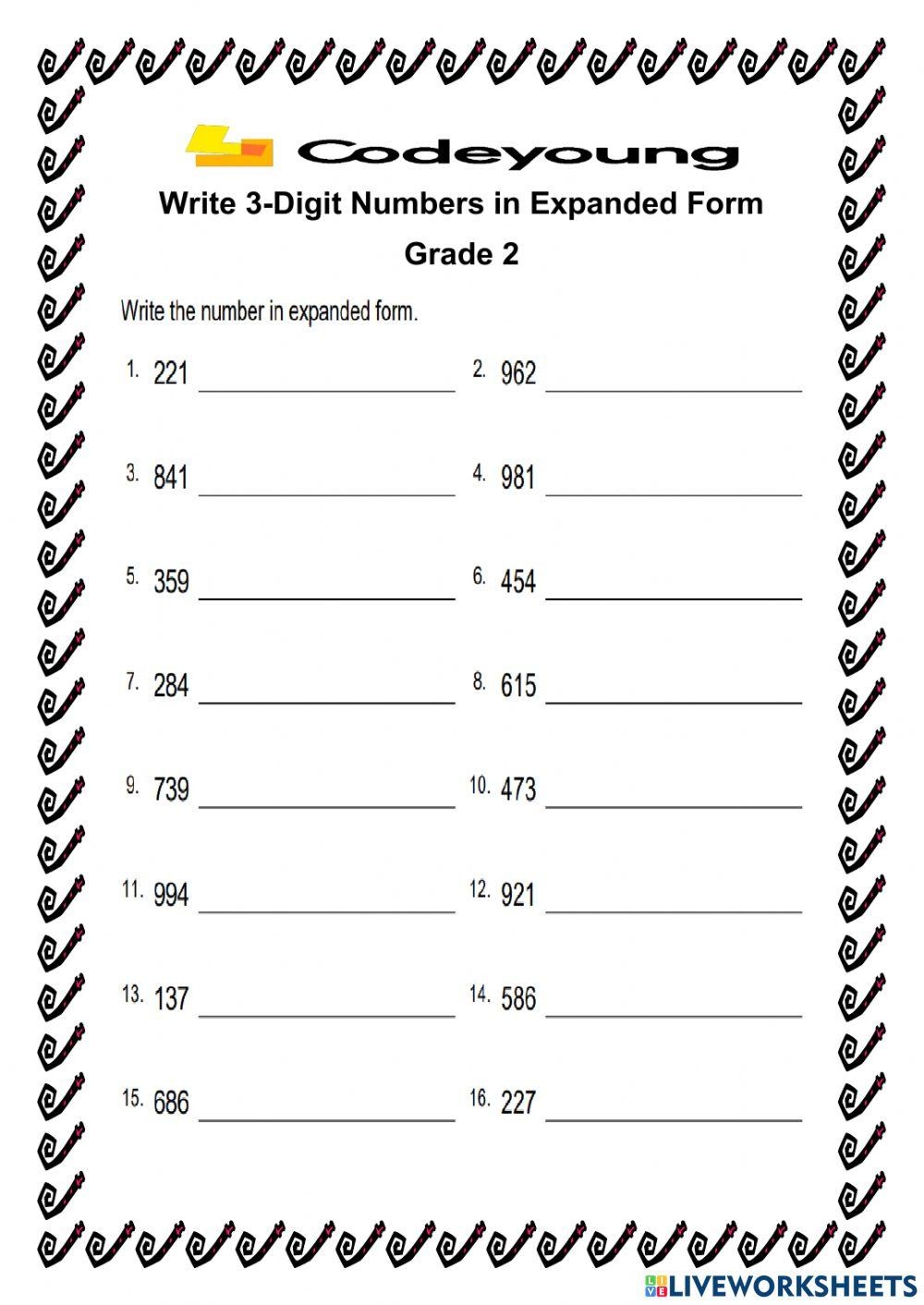 Write 3 Digit Numbers In Expanded Form Worksheet Live Worksheets