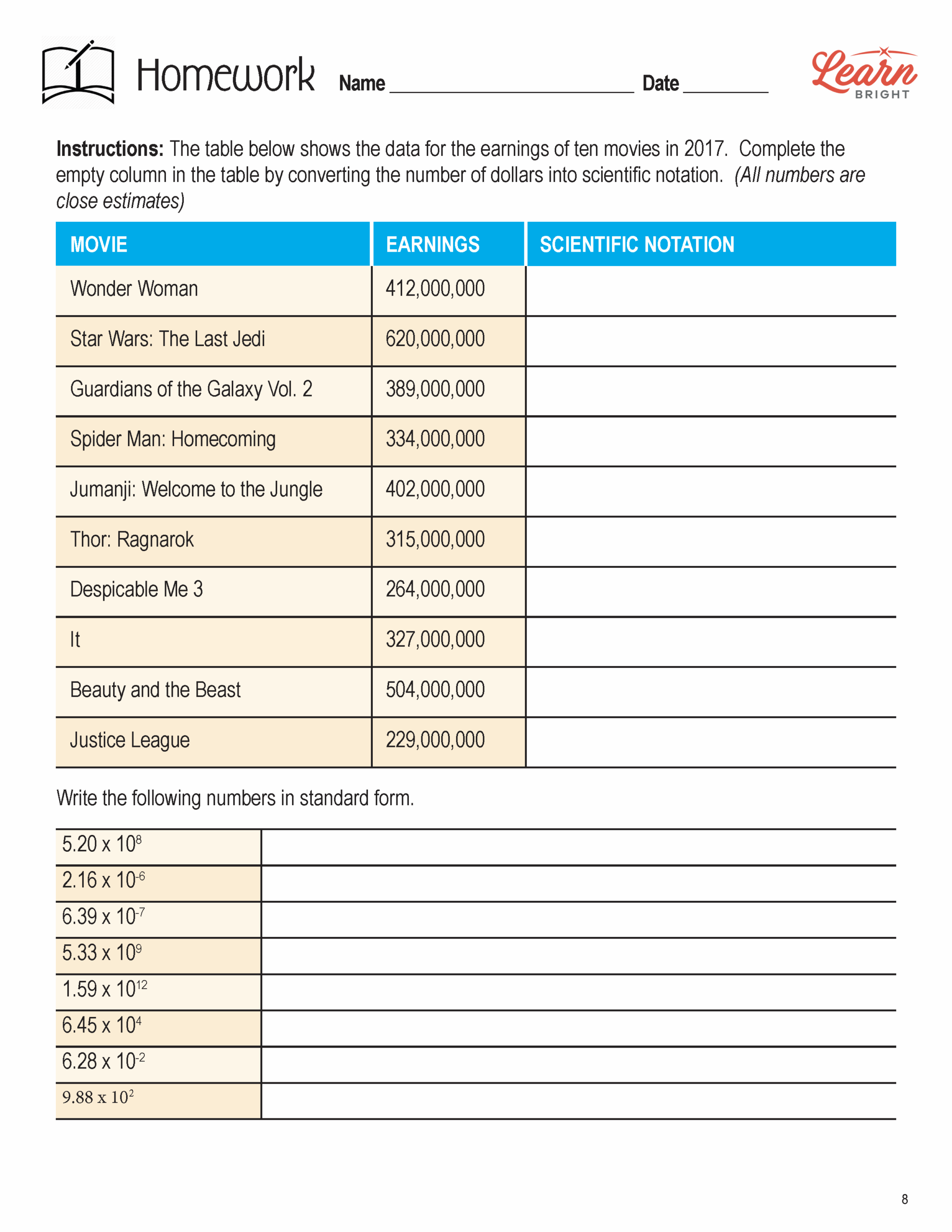 Write In Scientific Notation Worksheet For 8th 10th Grade 