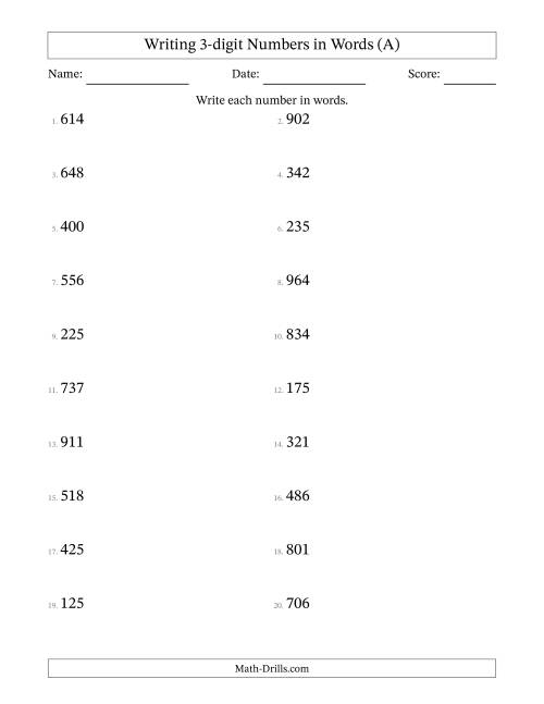 Writing 3 digit Numbers In Words A Worksheets Library