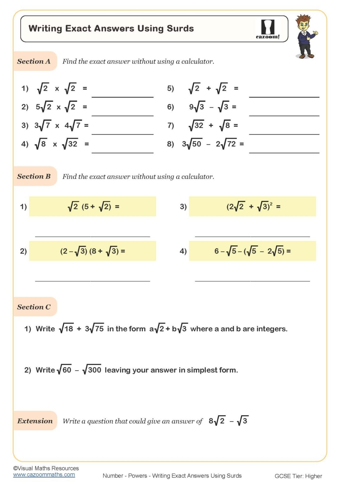 Writing Exact Answers Using Surds Worksheet Printable PDF Worksheets