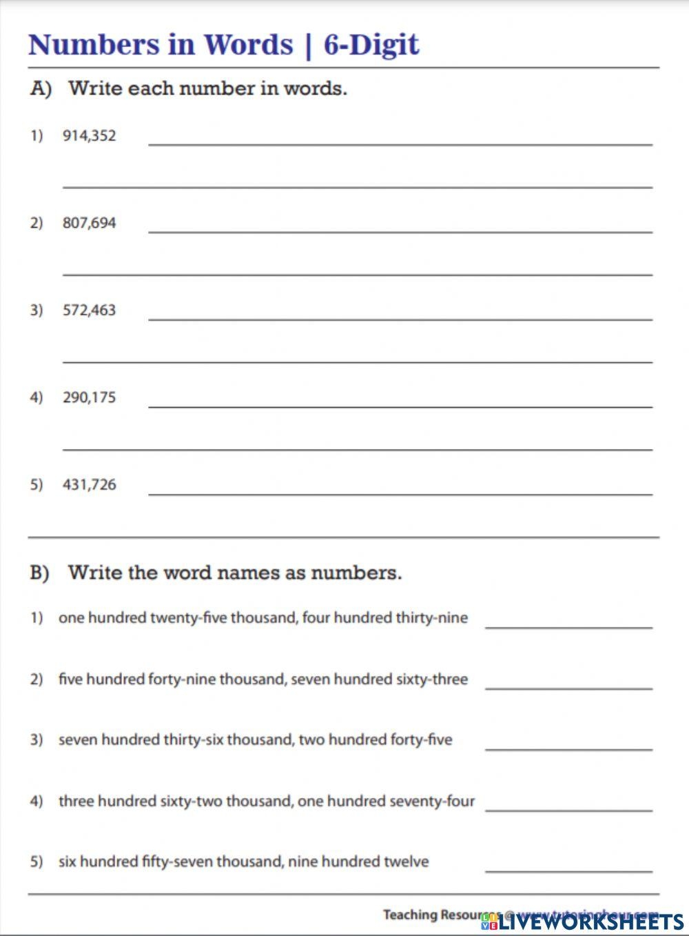 Writing Numbers In Words And In Figures Worksheet Live Worksheets 