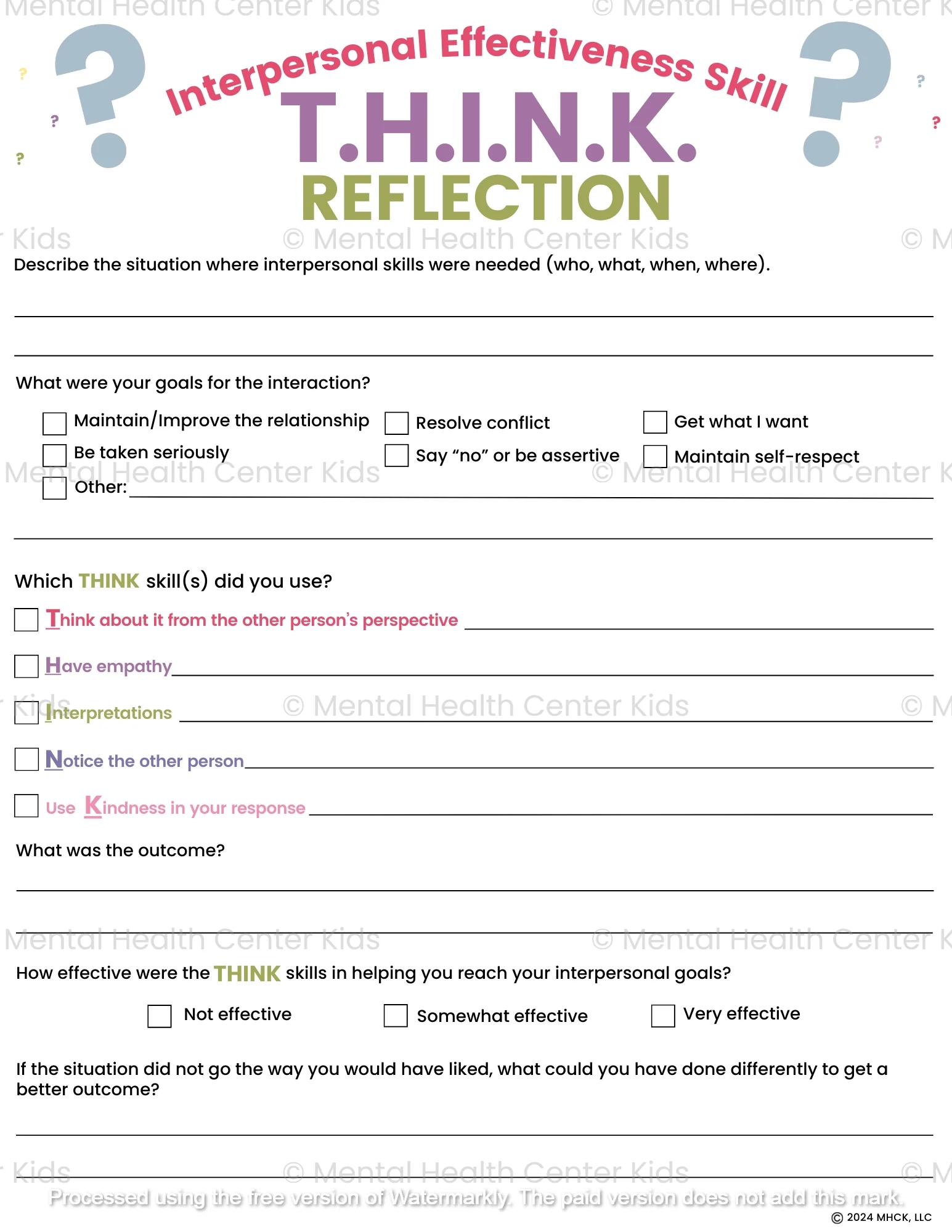 DBT THINK Skill Worksheet Mental Health Center Kids