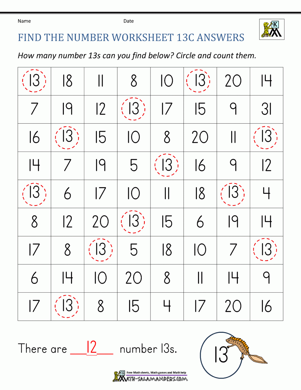 Number 13 Worksheets For Preschool