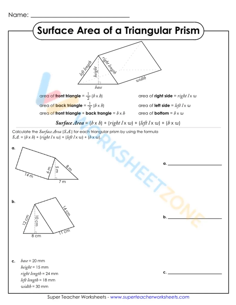 Triangular Prism Surface Area Worksheet Triangular Prism Surface Area Worksheet