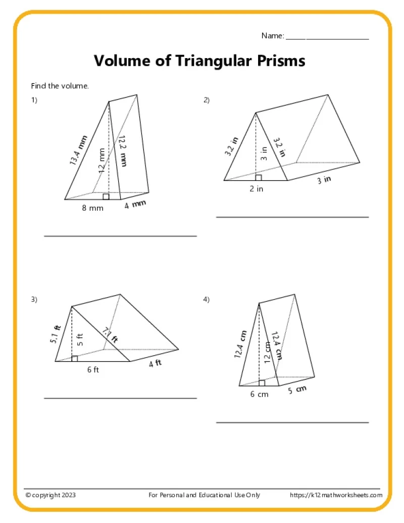 Volume And Surface Area Of Triangular Prisms K12 Math Worksheets Volume And Surface Area Of Triangular Prisms K12 Math Worksheets